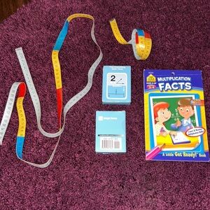 Math skills practice Multiplication Workbook, 2 Math Card Decks, 2 tape measures